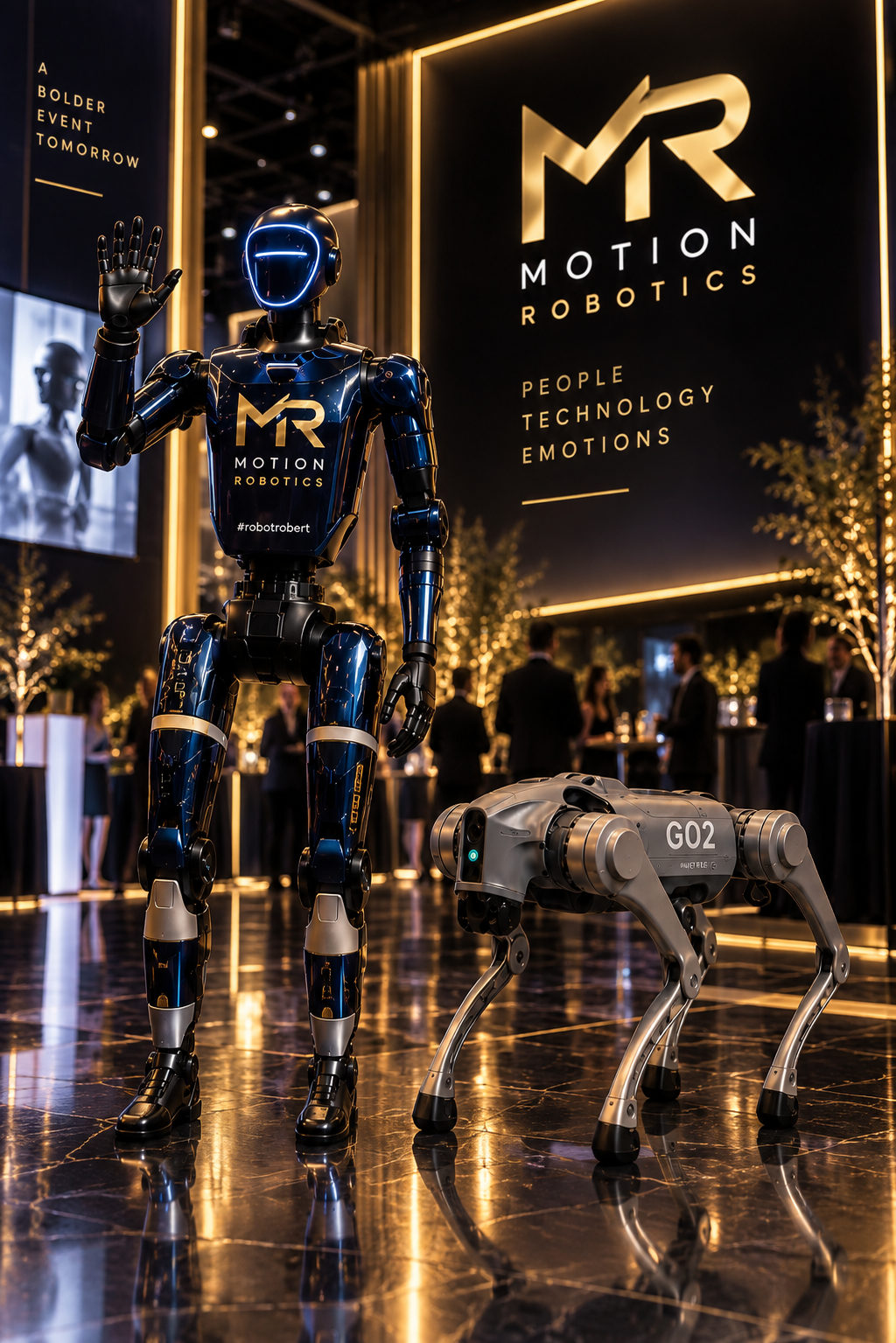 Robert — robot humanoidalny i robot pies Motion Robotics na evencie