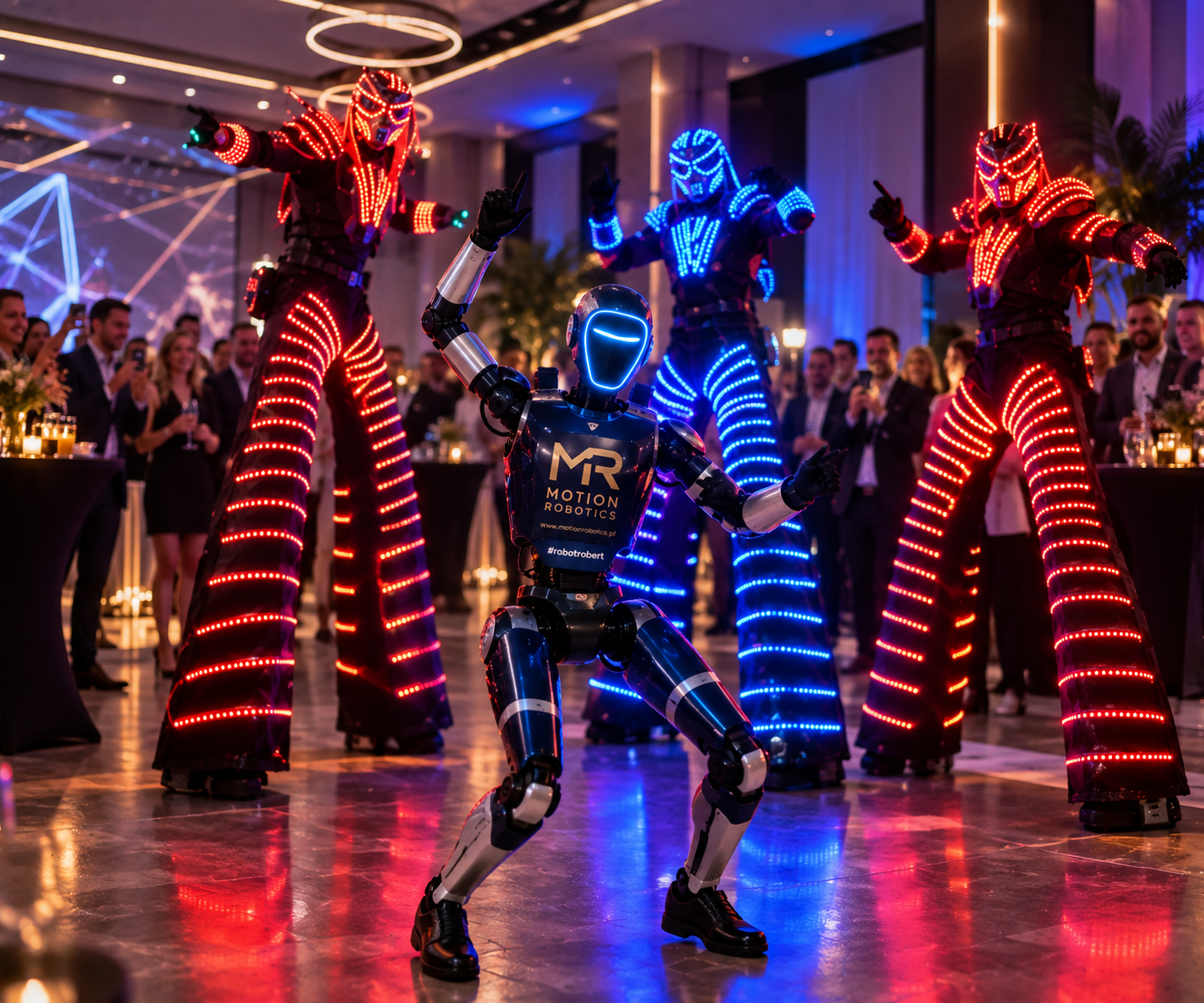 Robert — robot humanoidalny podczas eventu firmowego z robotami LED